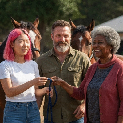 Diverse group of people interacting with Rabdan Arabian horses, representing community engagement and preservation efforts