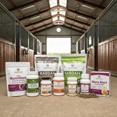 Various horse supplements and feed in a clean stable environment