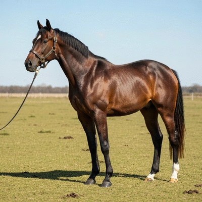 Rabdan horse standing in an open field, showcasing elegant conformation and muscular body