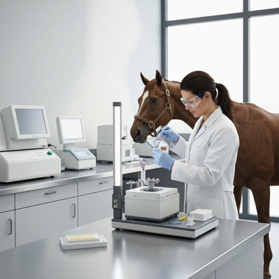 Veterinarian performing genetic testing on a horse, with modern lab equipment in a clean setting