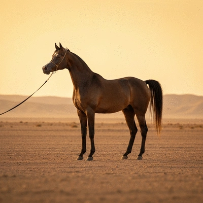 Rabdan Arabian horse in a desert landscape, representing its historical origins and endurance