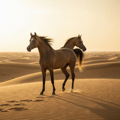Rabdan Arabian horse in a desert landscape, depicting historical context and endurance