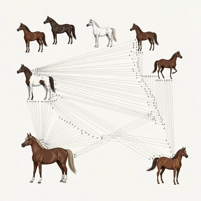 Detailed illustration of Arabian horse pedigree chart with connections, no text, no words, no typography, no labels, clean image