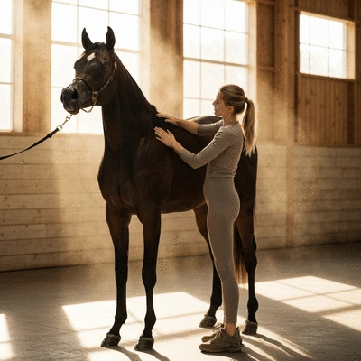 Rabdan Arabian horse being groomed by an owner, showing a strong bond