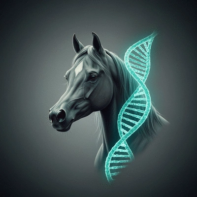 Genetic double helix intertwined with a stylized Arabian horse head