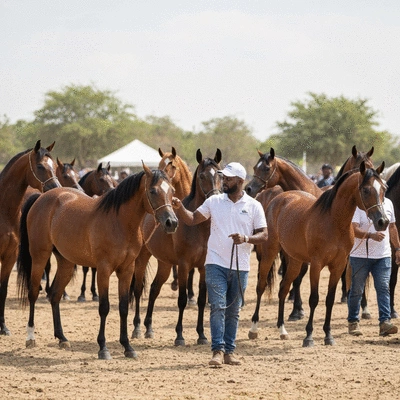 Group of people interacting with Rabdan Arabian horses at a club event