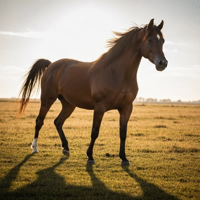 A majestic Rabdan Arabian horse in a desert landscape, representing its historical origins
