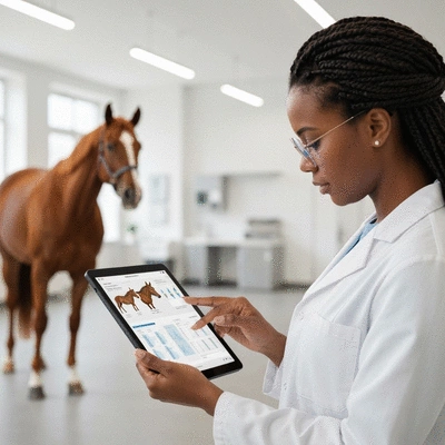 Veterinarian looking at equine genetic data on a tablet with a horse in the background