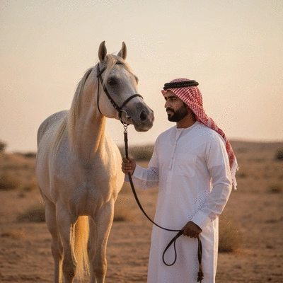 Bedouin man with an Arabian horse in a desert setting