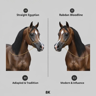 Two Arabian horses, one representing Straight Egyptian and one Rabdan, in a side-by-side comparison, in a visually appealing infographic style
