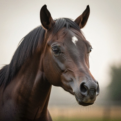 Close-up of an Arabian horse's head, showing its distinctive features, with ancient texts in the background
