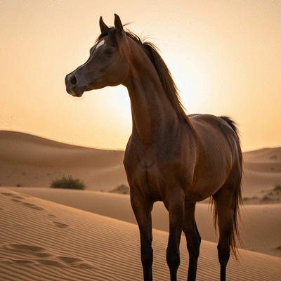 Beautiful Rabdan Arabian horse standing majestically in a desert landscape at sunset, showcasing its elegance and noble features