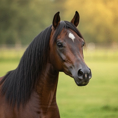 A close-up of a Rabdan Arabian horse with a traditional halter, showcasing its elegant features