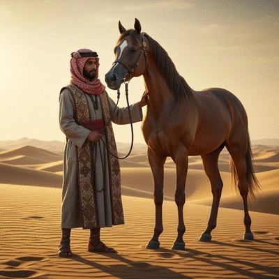 Bedouin tribesman with an Arabian horse in a desert landscape