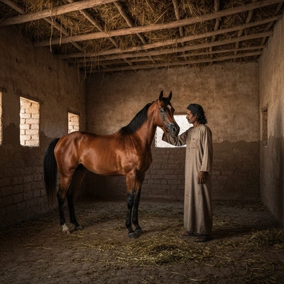 Bedouin horse breeder examining a Rabdan Arabian horse in a modern stable setting, blending tradition with technology