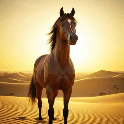 Beautiful brown Arabian horse with a flowing mane in a desert landscape