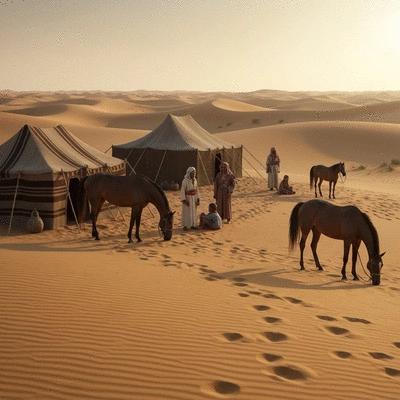 Historical depiction of Bedouin tribes with their Arabian horses in a desert setting