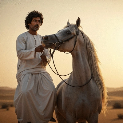 Arabian horse with Bedouin rider in the desert