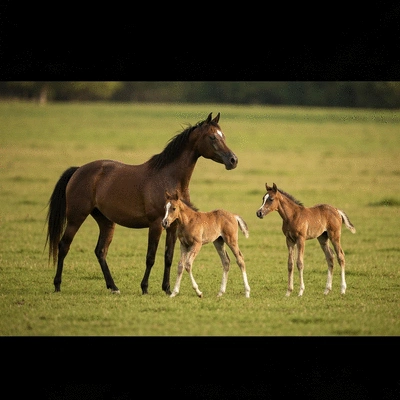 Arabian mare with her foal, symbolizing the continuation of the Rabdan bloodline, no text, no words, no typography, clean image