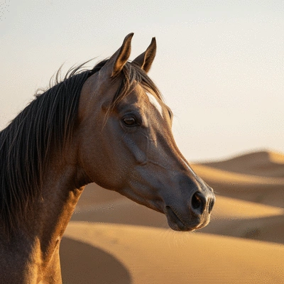 Close-up of a majestic purebred Arabian horse head, profile view, showing refined features and intelligent eyes