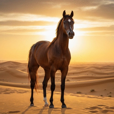 Rabdan Arabian horse standing majestically in a desert landscape at sunset, symbolizing heritage and endurance