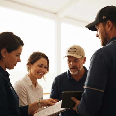 Group of breeders collaborating and discussing Rabdan Arabian horses