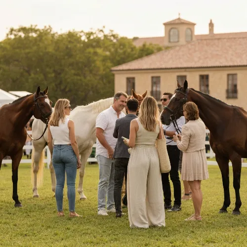 Diverse group of Arabian horse enthusiasts interacting
