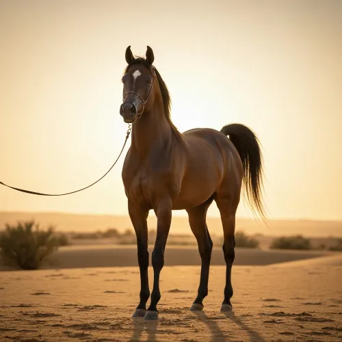 Majestic Rabdan Arabian horse in a desert landscape, representing heritage and beauty
